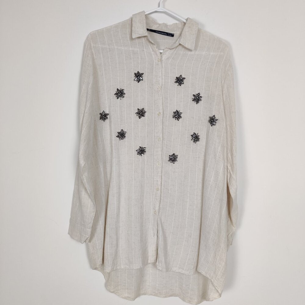 ORFEONEGRO Women's Shirt XL Cream White Striped Viscose Linen Upcycled Embellish